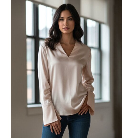 Lewit Satin V-Neck Ruched Silk Blouse, Shell Pink Women's Size XS - Picture 1 of 6